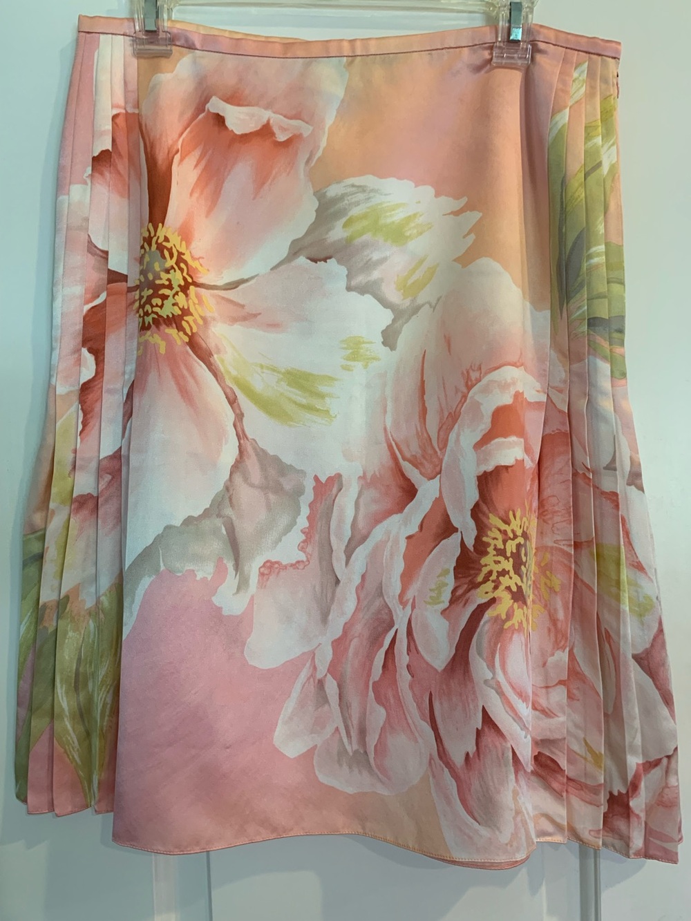 Floral Pink Silk Women's Skirt with soft side pleats.